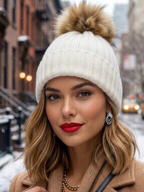 Linda Richards New York Beanie Pom Pom Hat EUC